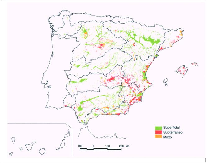 Mapa del origen del agua destinada a regado